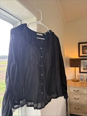 Doen Black Sheer Ruffled Button-Front Blouse
